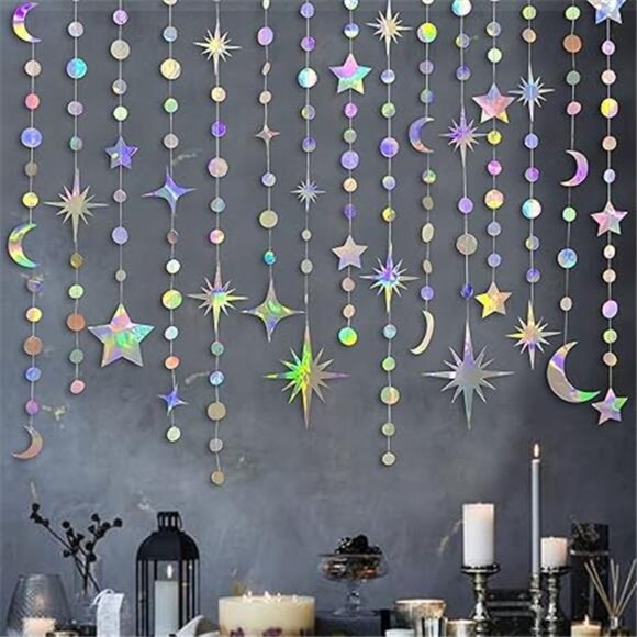 Iridescent Star Moon Garland Hanging Decorations Baby Shower Wedding Party - Picture 5 of 5